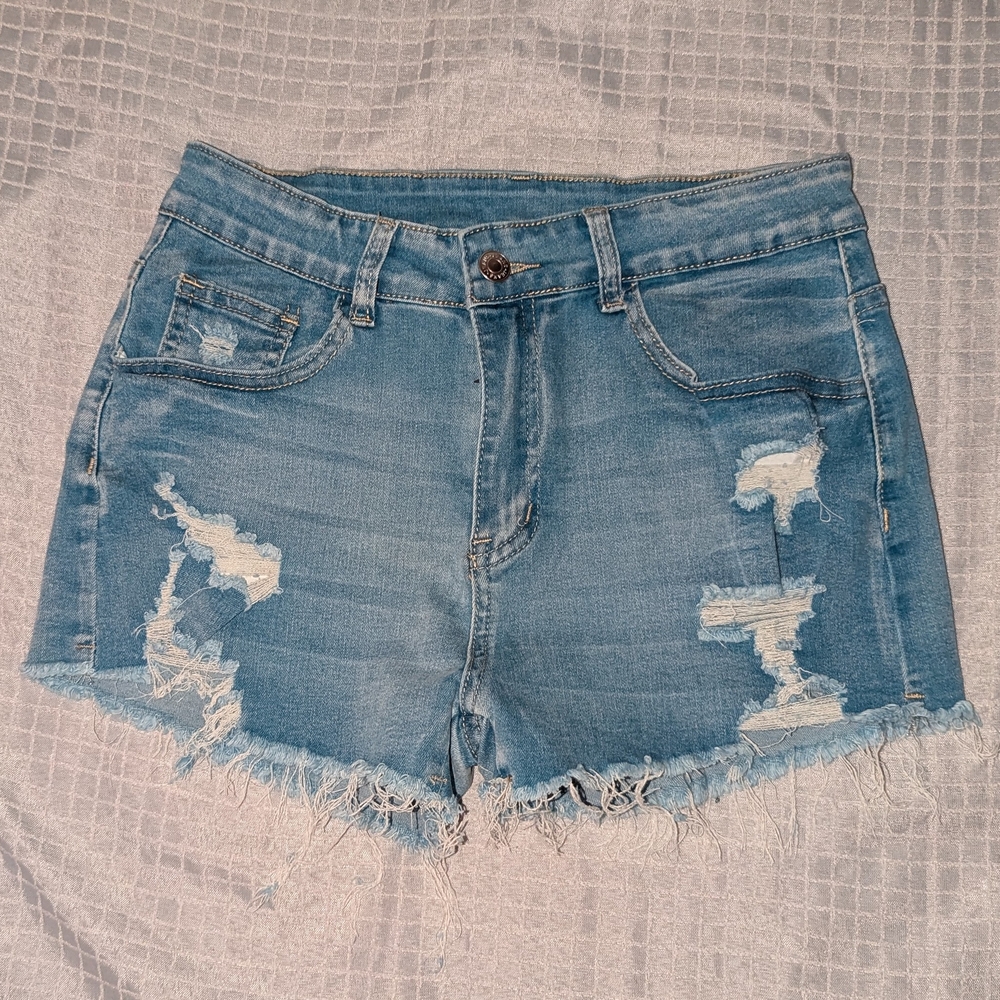 SHEIN Blue Distressed Jean Shorts with Frayed Hem